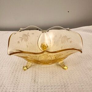 Vintage Lancaster Landrum Yellow Topaz Depression Glass 3-Footed Etched Bowl